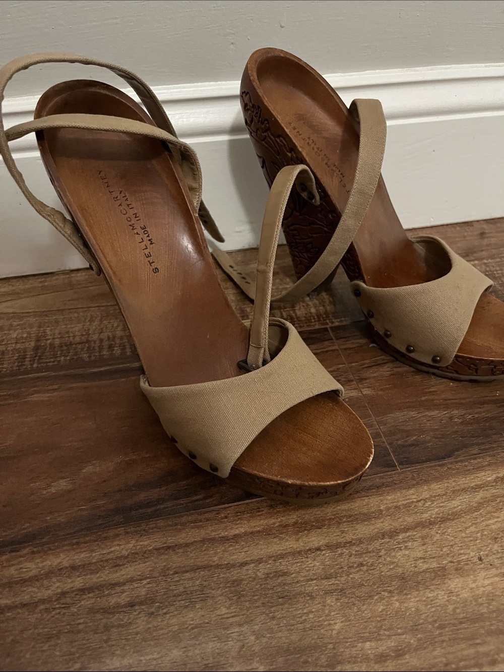 Stella McCartney Beige Canvas Strappy Wedge Sandals